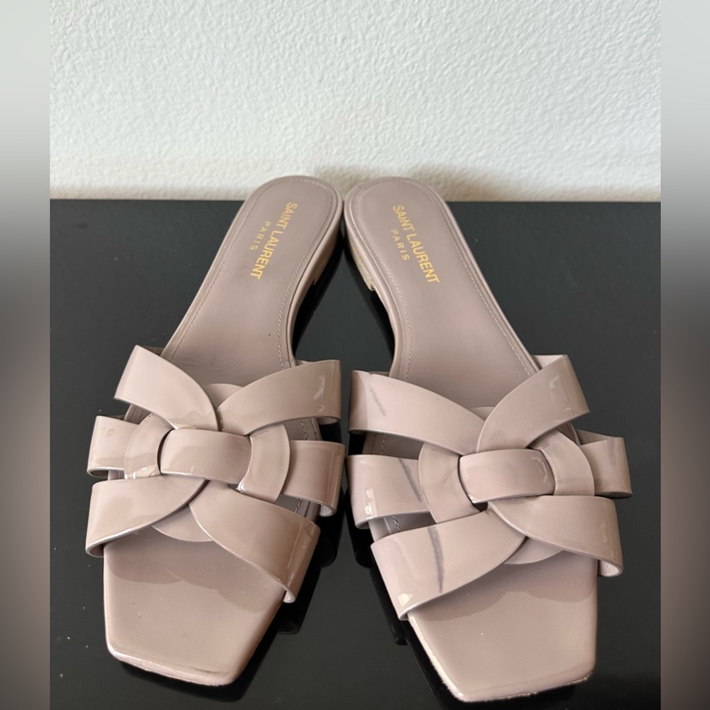 YSL Taupe Patent Leather Flat Sandals size 37